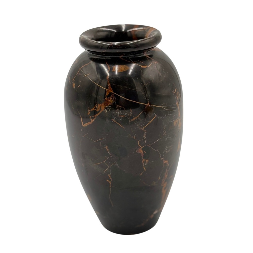 Vintage Black Marble Onyx Bud Vase Gold Purple Veined Polished Stone Decor - Picture 3 of 4